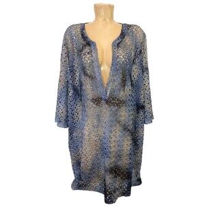 Catherines Blue Gray Shirt Plus 3x 26 28w 62” V Neck 3/4 Sleeve Crochet Lace